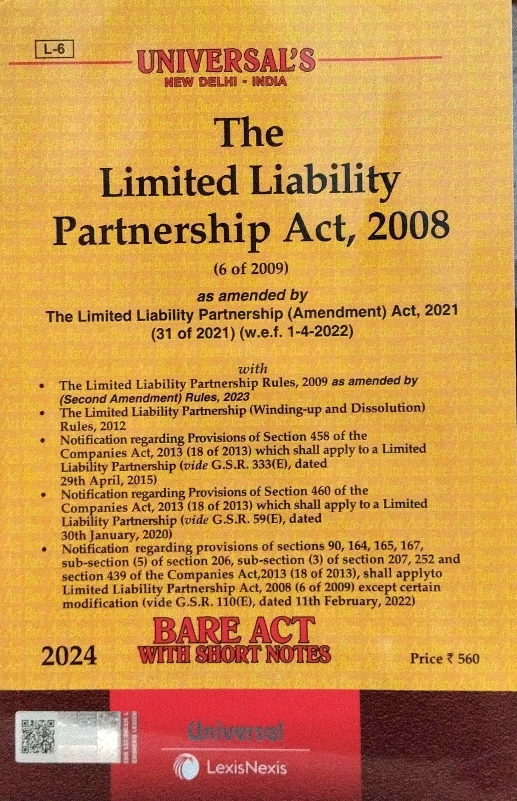 THE LIMITED LIABILITY PARTNERSHIP ACT 2008 - 2024 BARE ACT WITH SHORT NOTES