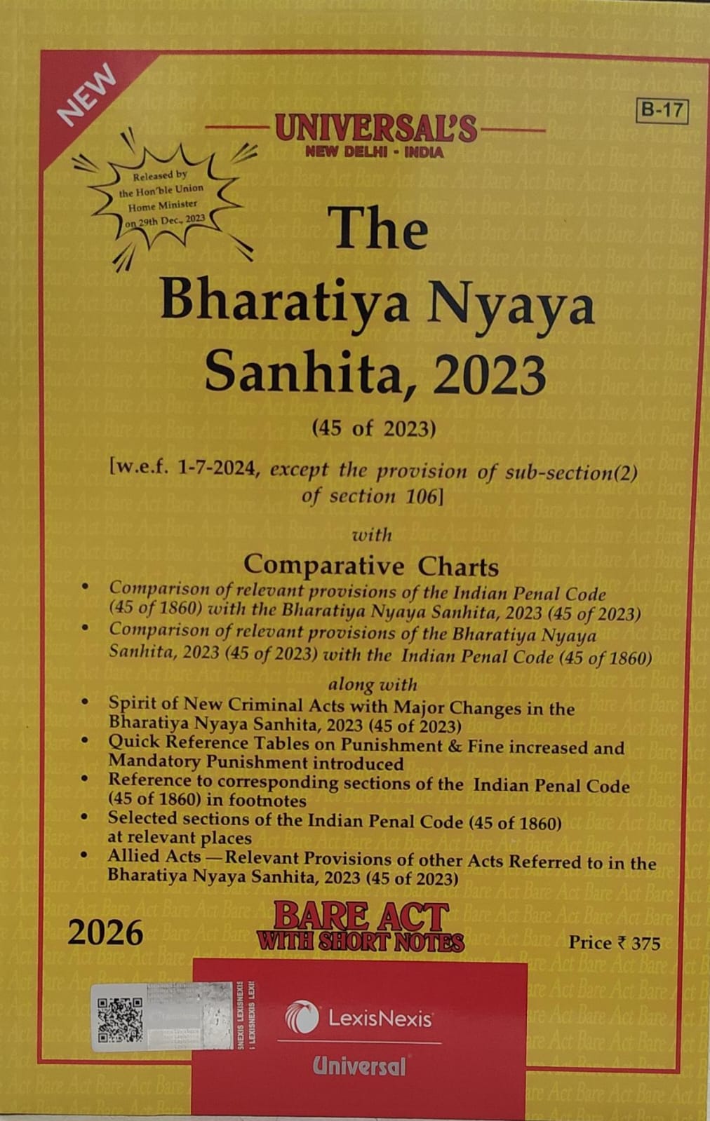THE BHARATIYA NYAYA SANHITA 2023 BARE ACT WITH SHORT NOTES 2026 UNIVERSAL LEXIS NEXIS